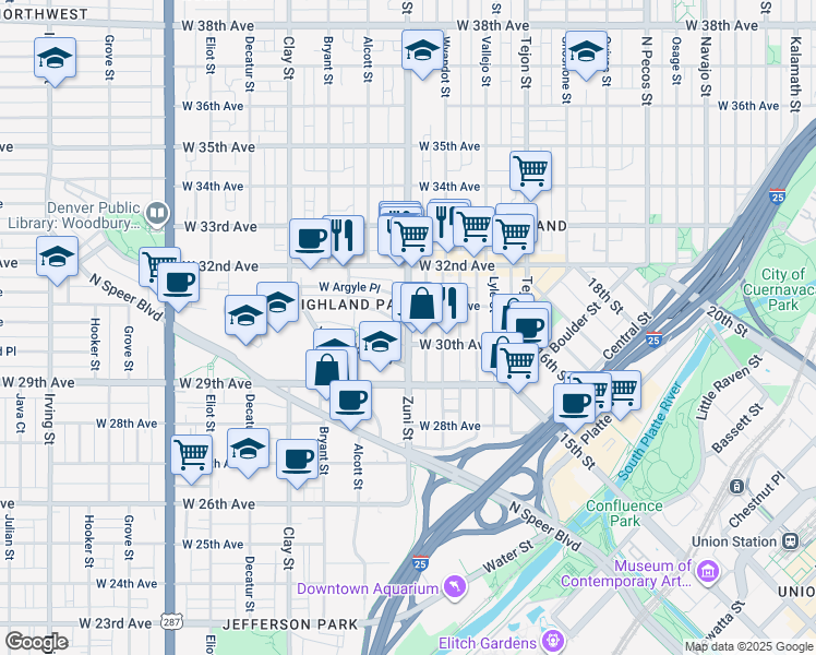 map of restaurants, bars, coffee shops, grocery stores, and more near Zuni St & W Caithness Pl in Denver