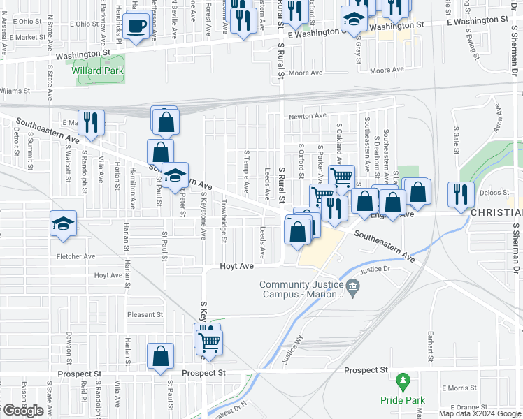 map of restaurants, bars, coffee shops, grocery stores, and more near 2614 Southeastern Avenue in Indianapolis