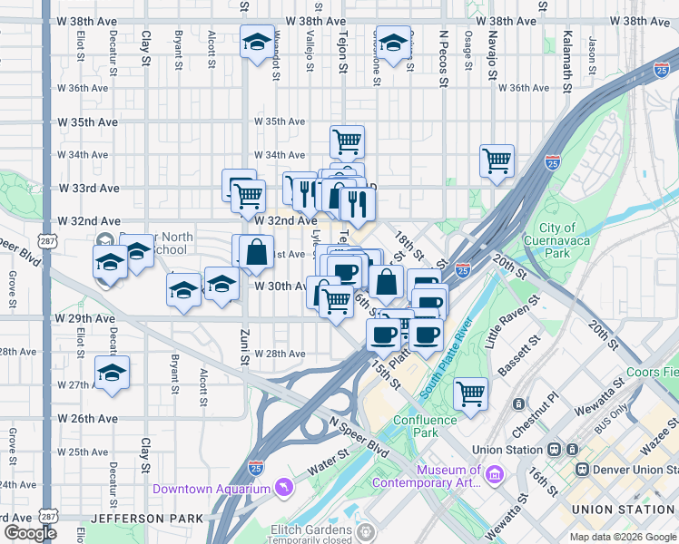 map of restaurants, bars, coffee shops, grocery stores, and more near 2102 West 31st Avenue in Denver