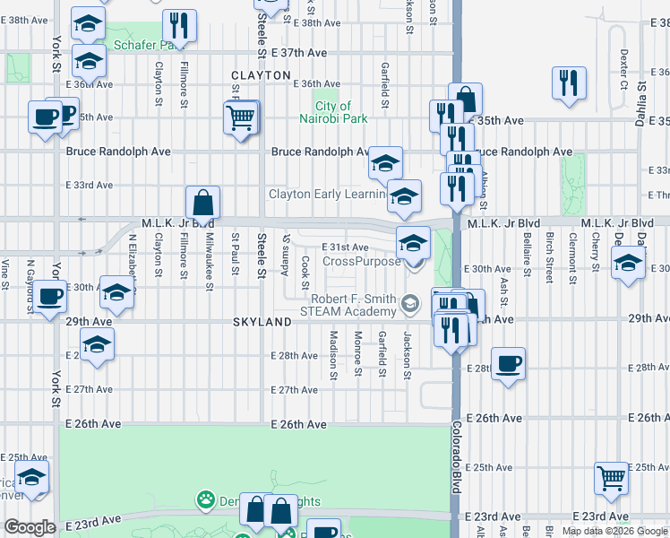 map of restaurants, bars, coffee shops, grocery stores, and more near 3540 East 31st Avenue in Denver