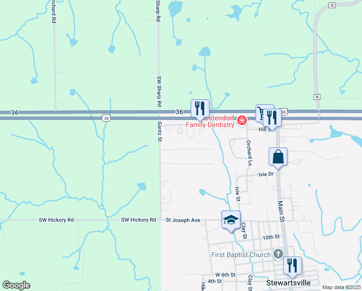 map of restaurants, bars, coffee shops, grocery stores, and more near 301 Park Avenue in Stewartsville