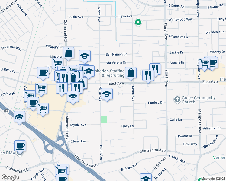 map of restaurants, bars, coffee shops, grocery stores, and more near 2440 Almandor Circle in Chico
