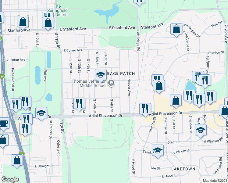map of restaurants, bars, coffee shops, grocery stores, and more near 3026 South Allis Street in Springfield