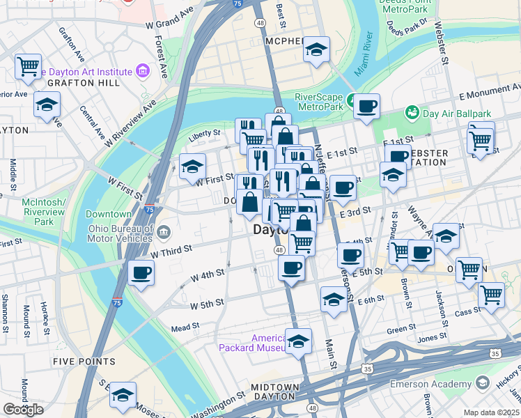 map of restaurants, bars, coffee shops, grocery stores, and more near 120 West 2nd Street in Dayton