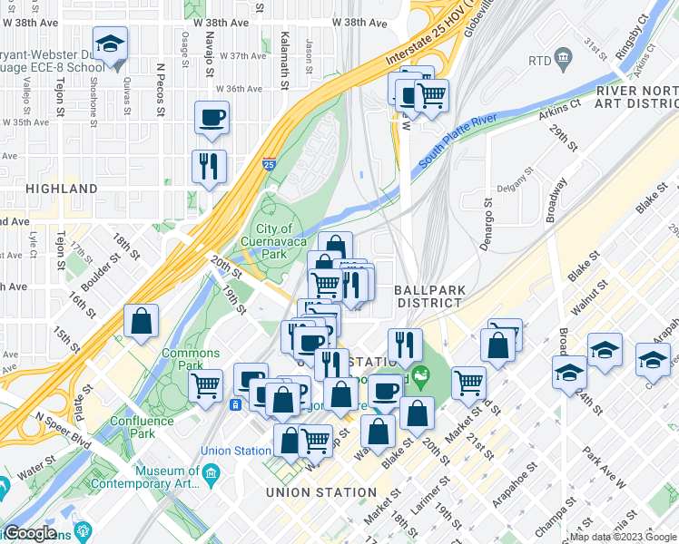 map of restaurants, bars, coffee shops, grocery stores, and more near 3100 N Inca Street in Denver