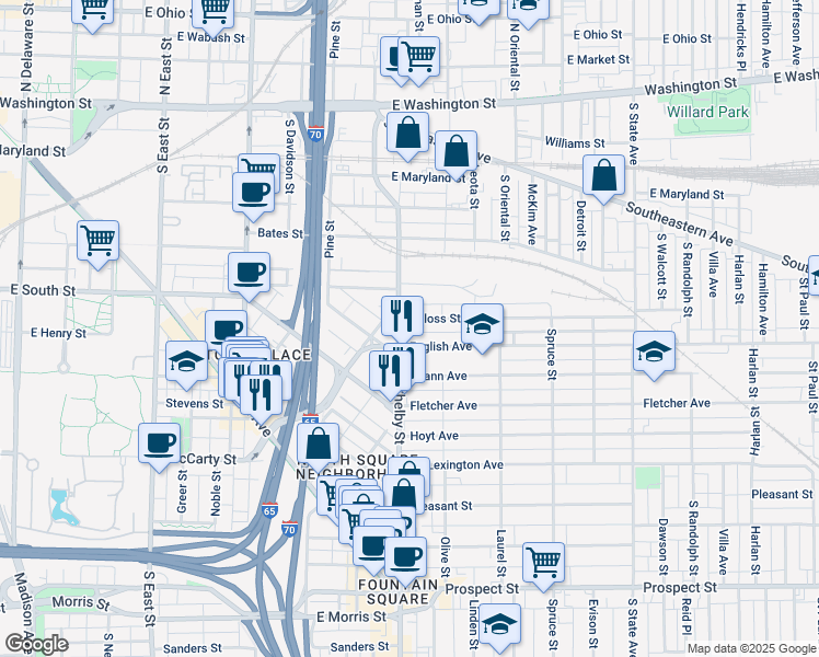 map of restaurants, bars, coffee shops, grocery stores, and more near 1128 Deloss Street in Indianapolis