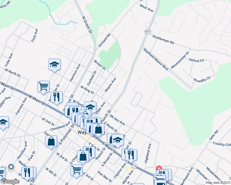 map of restaurants, bars, coffee shops, grocery stores, and more near 221 Crown Court in Waynesboro