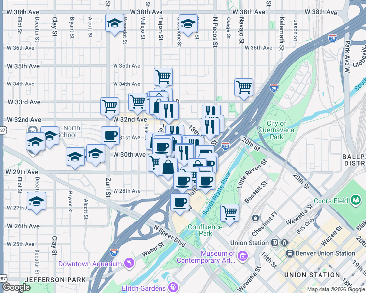 map of restaurants, bars, coffee shops, grocery stores, and more near 17th St & Boulder St in Denver