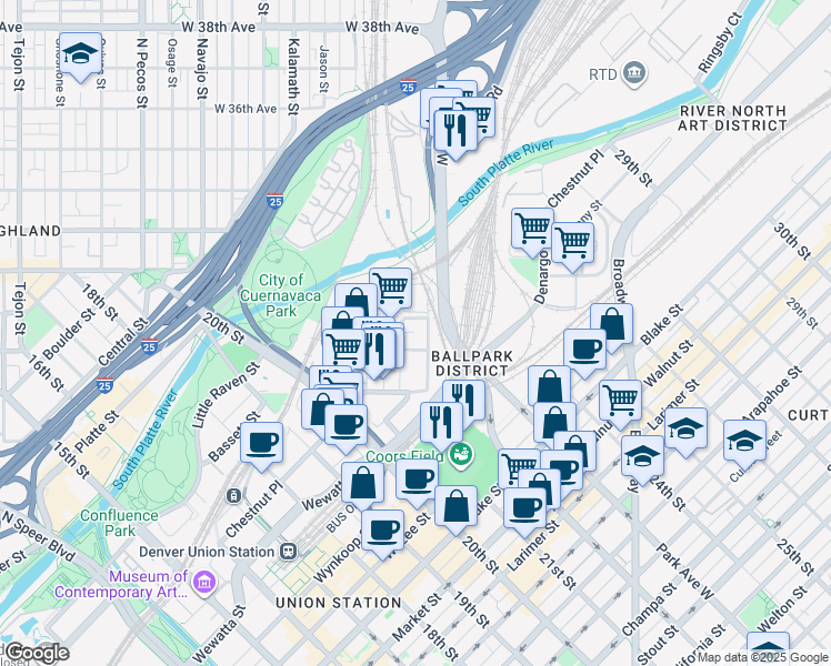 map of restaurants, bars, coffee shops, grocery stores, and more near 3001 Fox Street in Denver
