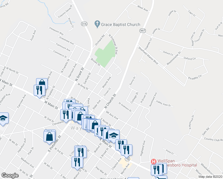map of restaurants, bars, coffee shops, grocery stores, and more near 223 Crown Court in Waynesboro