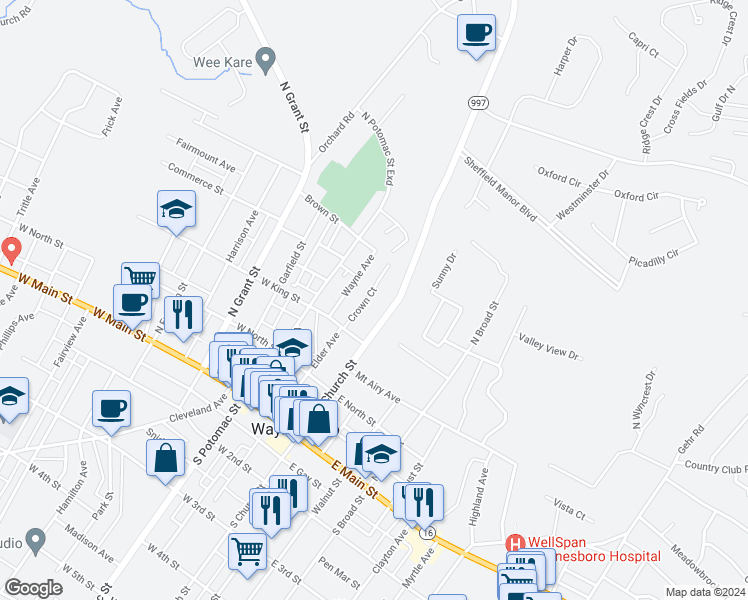 map of restaurants, bars, coffee shops, grocery stores, and more near 227 Crown Court in Waynesboro