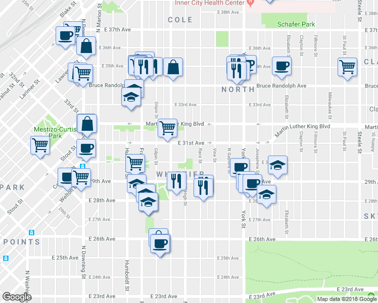 map of restaurants, bars, coffee shops, grocery stores, and more near 3055 Race Street in Denver