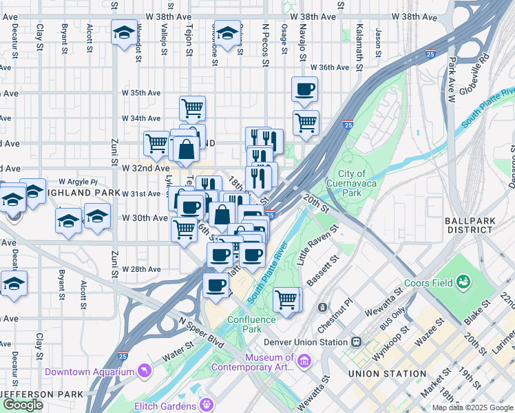 map of restaurants, bars, coffee shops, grocery stores, and more near 2520 18th Street in Denver