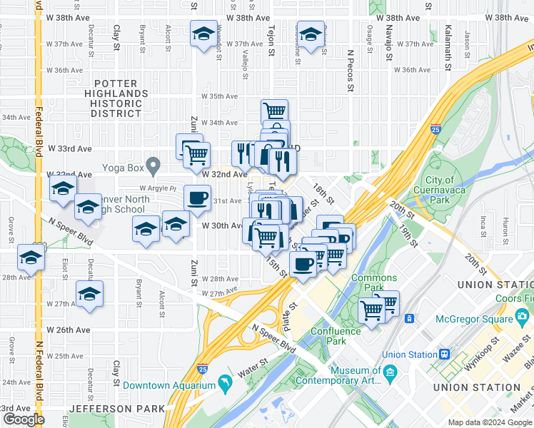 map of restaurants, bars, coffee shops, grocery stores, and more near 2102 West 31st Avenue in Denver
