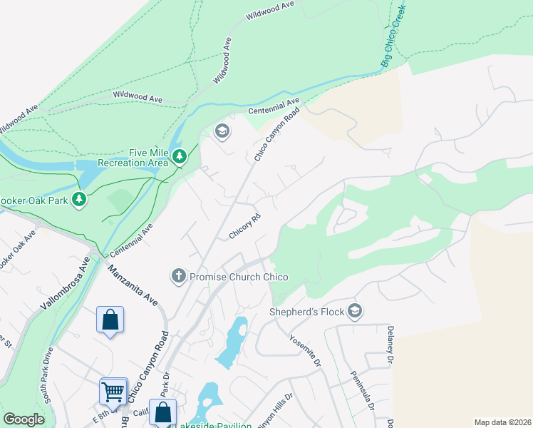 map of restaurants, bars, coffee shops, grocery stores, and more near 66 Chicory Road in Chico
