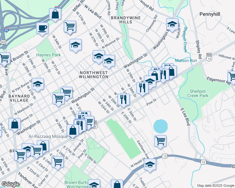 map of restaurants, bars, coffee shops, grocery stores, and more near 110 West 36th Street in Wilmington