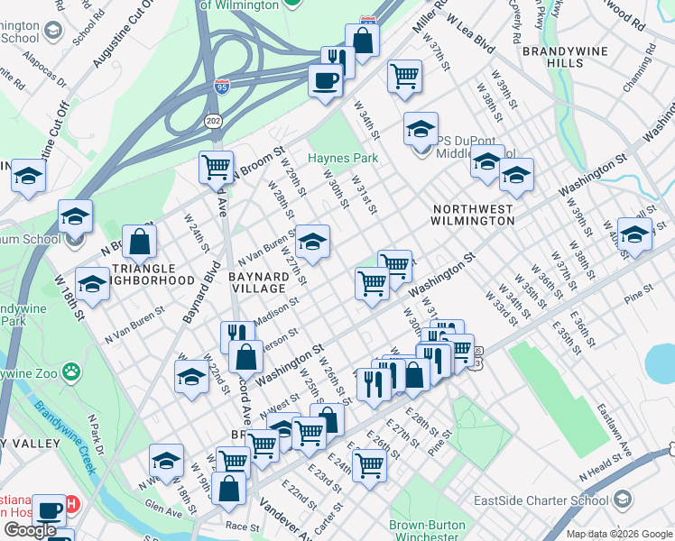 map of restaurants, bars, coffee shops, grocery stores, and more near 2810 North Monroe Street in Wilmington