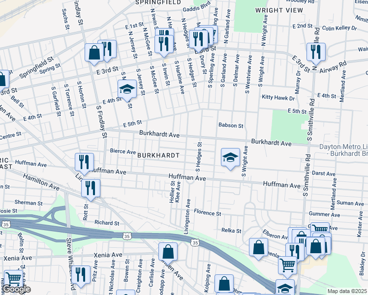 map of restaurants, bars, coffee shops, grocery stores, and more near 408 Burkhardt Avenue in Dayton