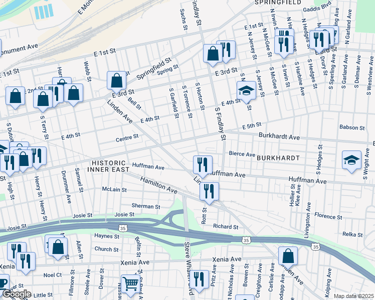 map of restaurants, bars, coffee shops, grocery stores, and more near 2420 East 5th Street in Dayton
