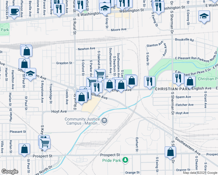 map of restaurants, bars, coffee shops, grocery stores, and more near 439 South Oakland Avenue in Indianapolis