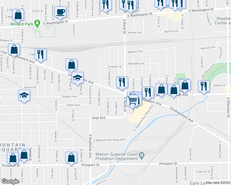 map of restaurants, bars, coffee shops, grocery stores, and more near 2614 Southeastern Avenue in Indianapolis
