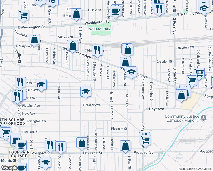 map of restaurants, bars, coffee shops, grocery stores, and more near 414 Harlan Street in Indianapolis