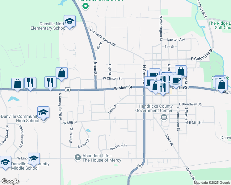 map of restaurants, bars, coffee shops, grocery stores, and more near 551 West Main Street in Danville