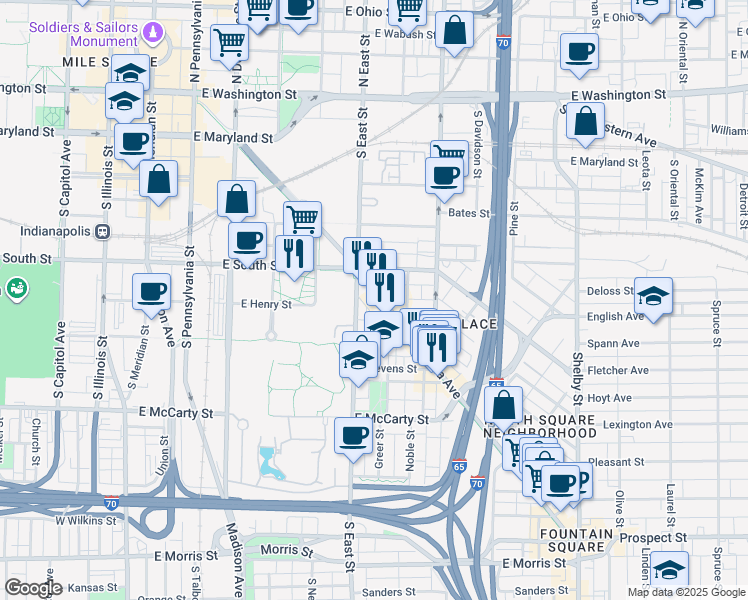 map of restaurants, bars, coffee shops, grocery stores, and more near 438 Virginia Avenue in Indianapolis