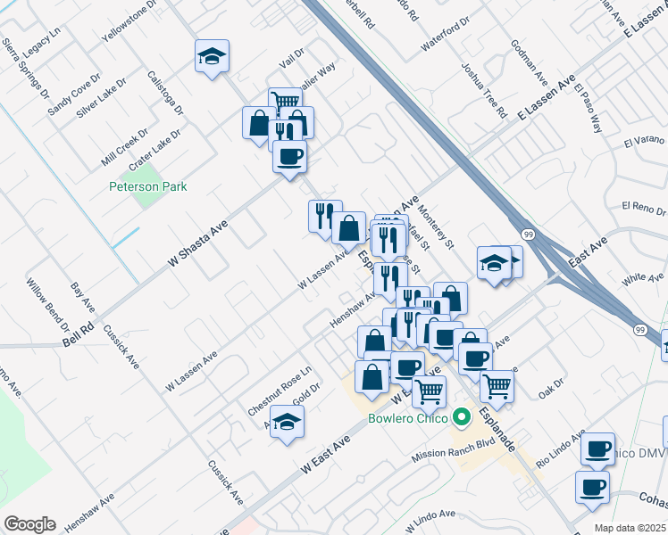 map of restaurants, bars, coffee shops, grocery stores, and more near 139 West Lassen Avenue in Chico