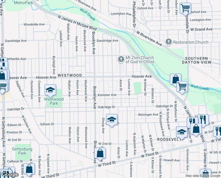 map of restaurants, bars, coffee shops, grocery stores, and more near 434 Shoop Avenue in Dayton