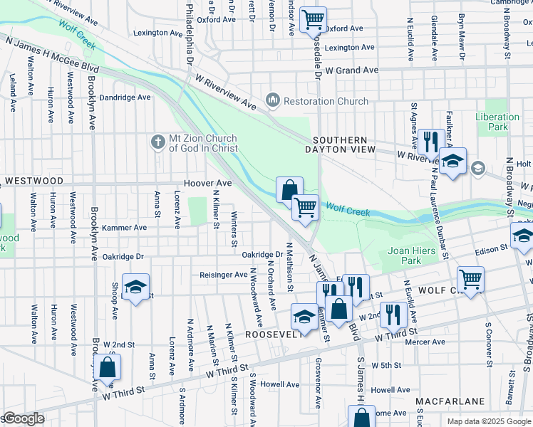 map of restaurants, bars, coffee shops, grocery stores, and more near 629 North James H McGee Boulevard in Dayton
