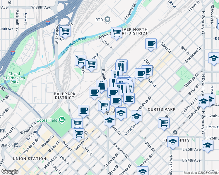 map of restaurants, bars, coffee shops, grocery stores, and more near 10 Blake Street in Denver