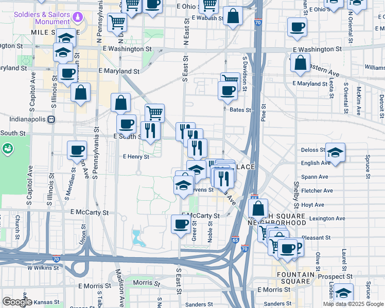 map of restaurants, bars, coffee shops, grocery stores, and more near 435 Virginia Avenue in Indianapolis