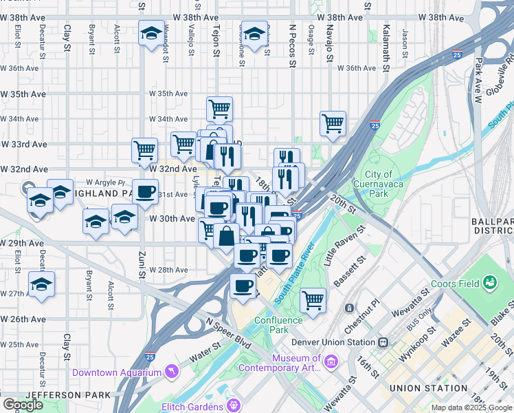 map of restaurants, bars, coffee shops, grocery stores, and more near 1717 Boulder Street in Denver