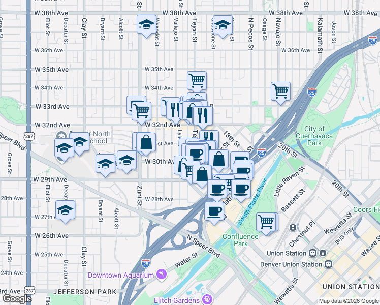 map of restaurants, bars, coffee shops, grocery stores, and more near 2102 West 31st Avenue in Denver