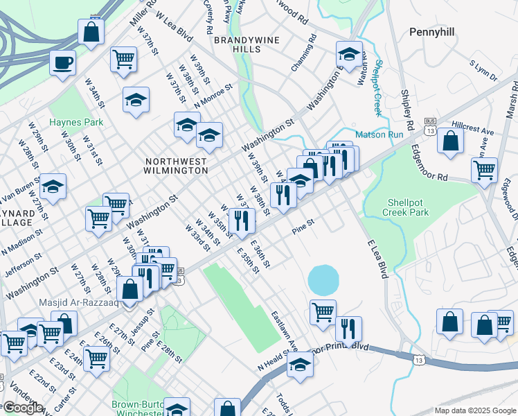 map of restaurants, bars, coffee shops, grocery stores, and more near 16 West 38th Street in Wilmington