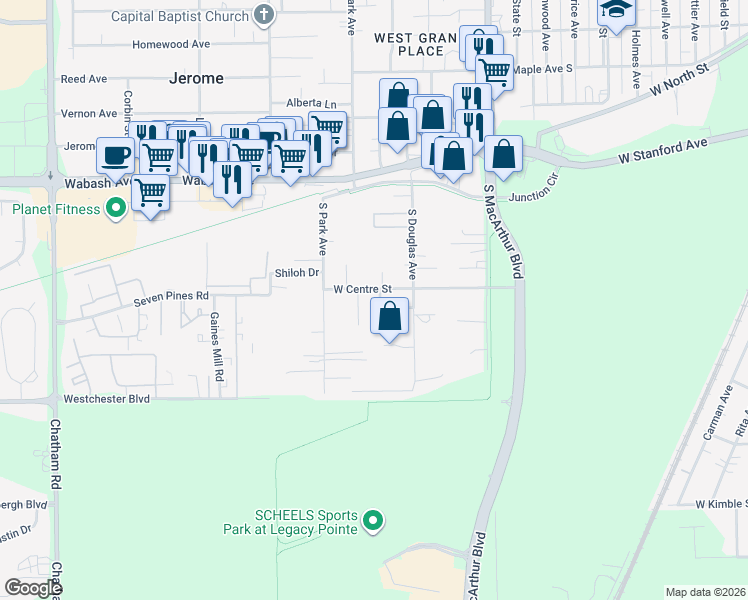 map of restaurants, bars, coffee shops, grocery stores, and more near 1120 West Centre Street in Springfield