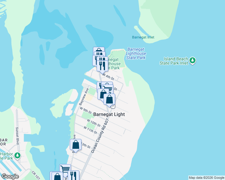 map of restaurants, bars, coffee shops, grocery stores, and more near 8 5th Street in Barnegat Light
