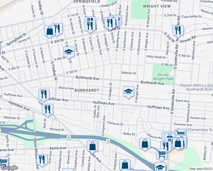 map of restaurants, bars, coffee shops, grocery stores, and more near 413 Sheridan Avenue in Dayton