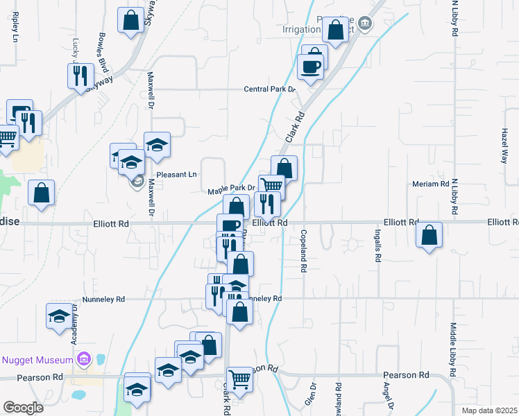 map of restaurants, bars, coffee shops, grocery stores, and more near 6002 Clark Road in Paradise
