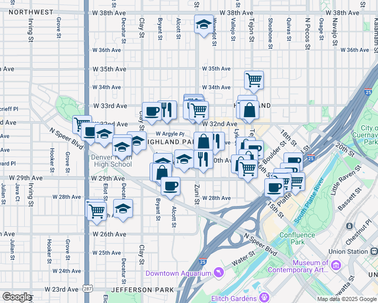 map of restaurants, bars, coffee shops, grocery stores, and more near in Denver