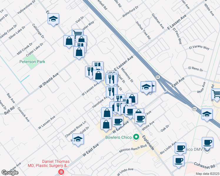 map of restaurants, bars, coffee shops, grocery stores, and more near in Chico