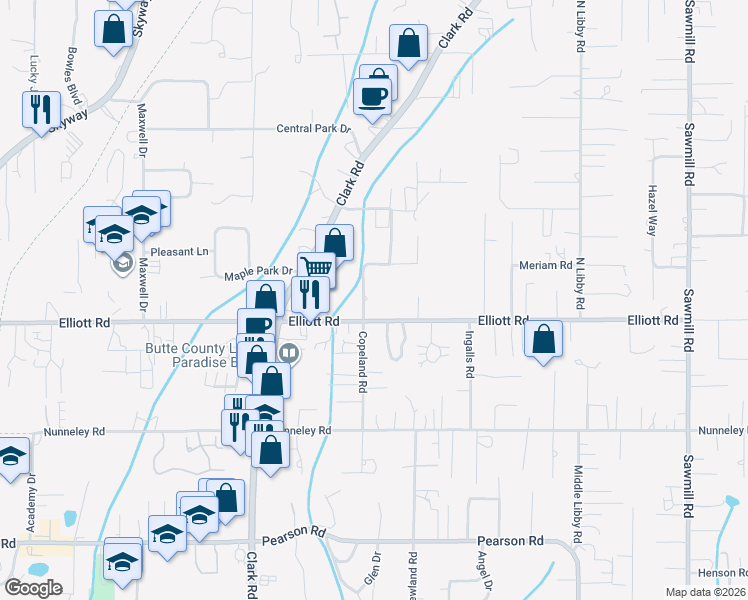 map of restaurants, bars, coffee shops, grocery stores, and more near 5892 Copeland Road in Paradise