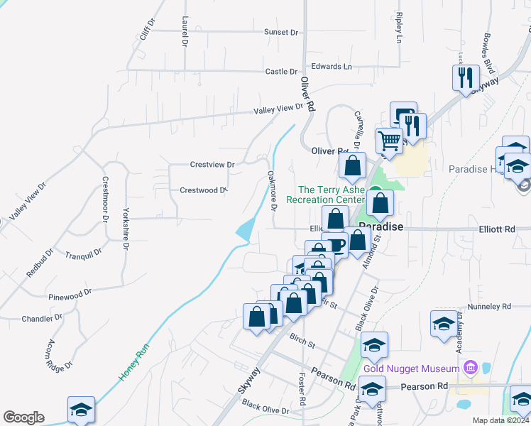 map of restaurants, bars, coffee shops, grocery stores, and more near 5881 Oakmore Drive in Paradise