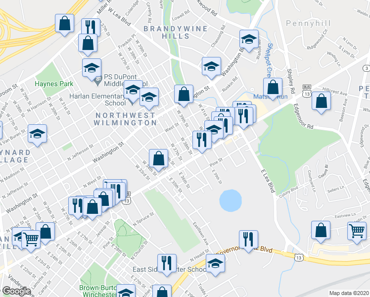map of restaurants, bars, coffee shops, grocery stores, and more near 16 West 38th Street in Wilmington