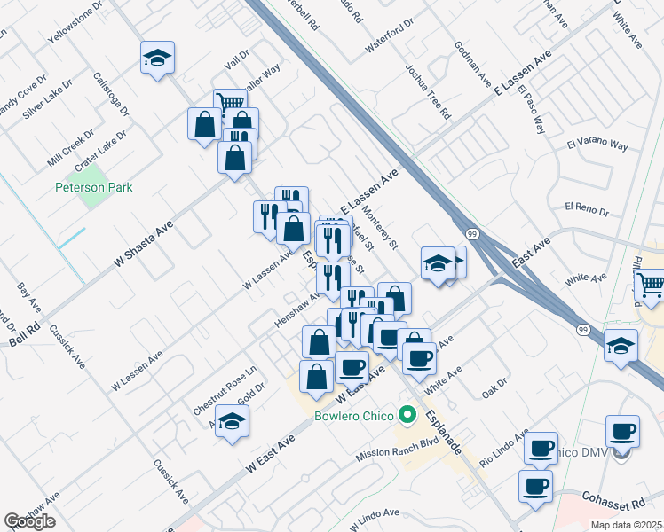 map of restaurants, bars, coffee shops, grocery stores, and more near 2730 Esplanade in Chico