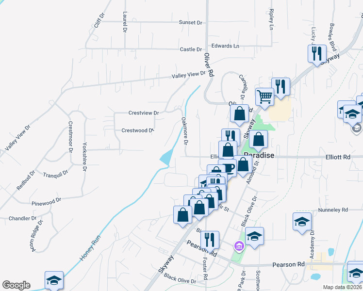 map of restaurants, bars, coffee shops, grocery stores, and more near 5881 Oakmore Drive in Paradise