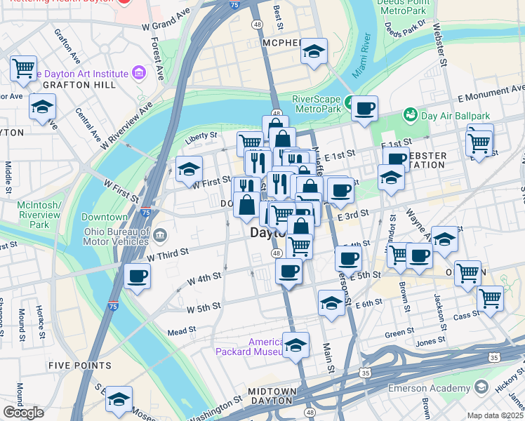 map of restaurants, bars, coffee shops, grocery stores, and more near 40 West 2nd Street in Dayton