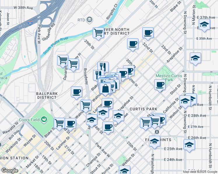map of restaurants, bars, coffee shops, grocery stores, and more near 2749 Walnut Street in Denver