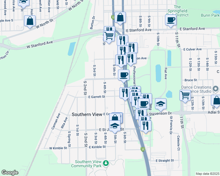 map of restaurants, bars, coffee shops, grocery stores, and more near 417 Kern Street in Southern View